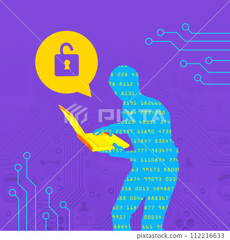 Contemporary art collage. Digital hunting. Human silhouette in encoding holds laptop and trying to unlock it. 112216633