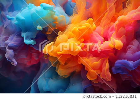 Abstract background of colored ink in water close-up for design. Rich pinks, peach, blue and purple colors 112216831