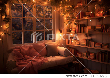Sleeping room with bookshelves and Christmas lights. Sleeping room with bookshelves and Christmas lights. 112216832