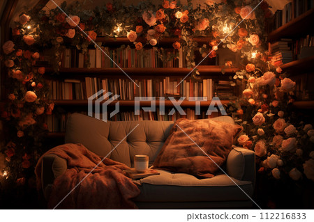 Comfortable armchair in the room decorated with flowers and books. 112216833