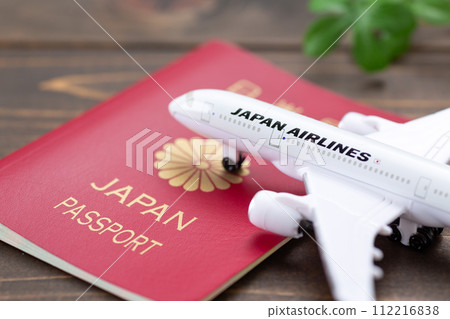red passport and airplane 112216838