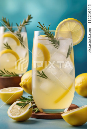 Summer drink. Refreshing lemonade or alcoholic cocktail with ice, rosemary and lemon slices on pastel background. Summer drink. Refreshing lemonade or alcoholic cocktail with ice, rosemary and lemon slices on pastel background. 112216943