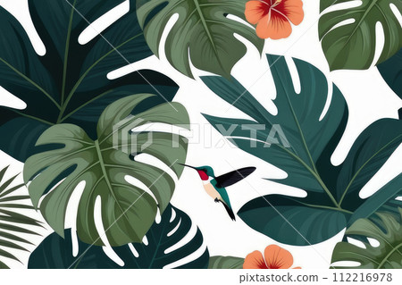 Summer pattern background with tropical leaves, flowers, monstera leaves and hummingbird. 112216978