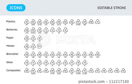 Recycling codes icons. Ecological materials symbols. Identification of signs for packaging. Collection of elements on a white background. Editable stroke. Recycling codes icons. Ecological materials symbols. Identification of signs for packaging. Collection of elements on a white background. Editable stroke. 112217180