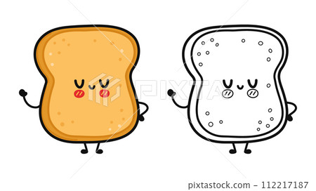 Funny cute happy Toast piece of bread characters bundle set. Vector hand drawn cartoon kawaii character illustration icon. Cute Toast piece of bread. Outline cartoon illustration for coloring book Funny cute happy Toast piece of bread characters bundle set. Vector hand drawn cartoon kawaii character illustration icon. Cute Toast piece of bread. Outline cartoon illustration for coloring book 112217187