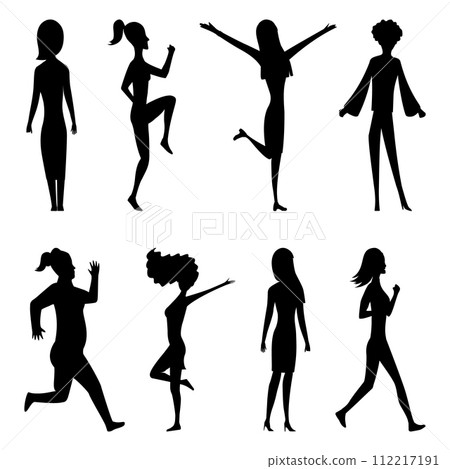Women silhouette set. Isolated collection of girls in various poses, forms and positions. Active people. Jpeg Illustration 112217191