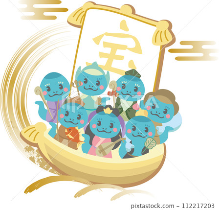 新年賀卡新年賀卡2025七福神寶船蛇年蛇年新年可愛簡約插畫素材 112217203