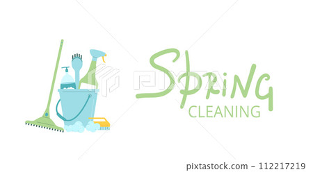 Spring cleaning banner template. Equipment elements for wash home with lettering background. Housework concept. Bucket, gloves and mop spray various tools. Vector flat illustration 112217219