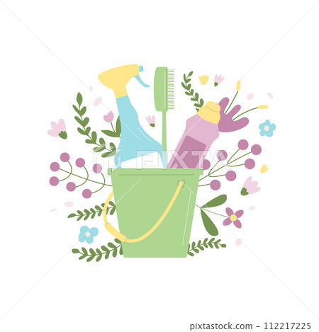 Bucket with brushes and bottles for cleanup. Cleaning tools and aroma flowers isolated on white background. Washing concept Vector flat illustration 112217225