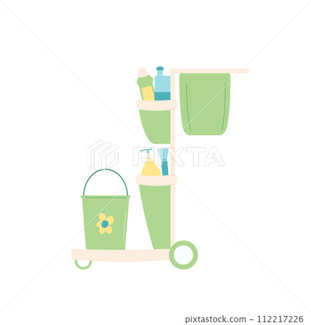 Cleaning cart. Equipment elements for wash home isolated on white background. Housework concept. Bucket, spray various tools. Vector flat illustration 112217226