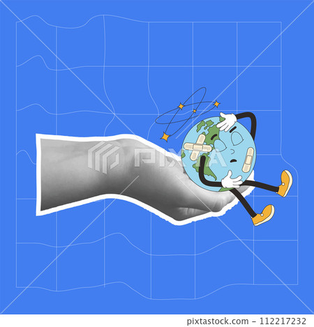 Earth hurt retro mascot in collage hand. Sick planet cartoon character template for holiday banner. Climate change and ecological problems. Vector illustration. 112217232