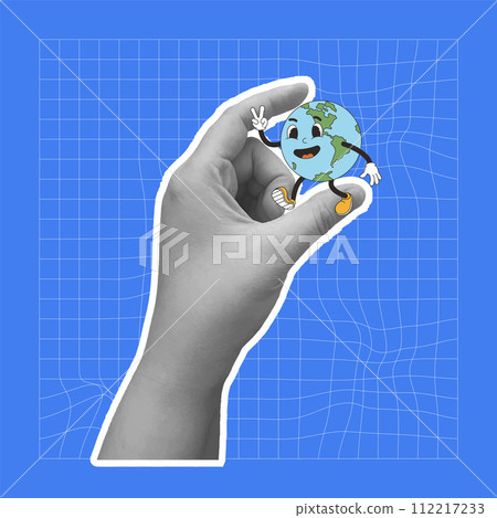 Happy earth in retro style. Mascot rubber hose in collage hand. Save the planet. Vector illustration 112217233
