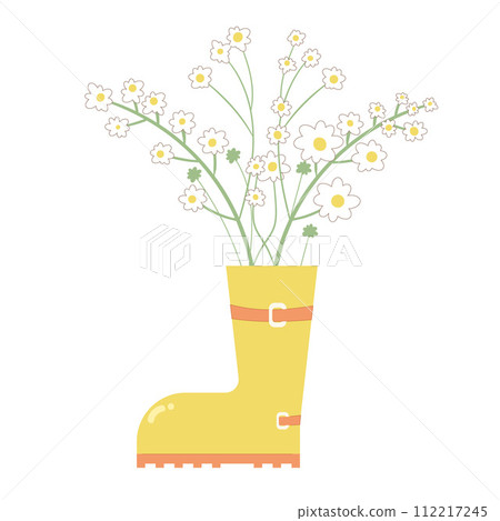 Gardening summer fashion composition. Yellow rubber boot with flowers bouquet. Vector illustration isolated on white background 112217245