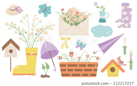 Spring elements set isolated on white background. Flowers, rubber boots and hat, bird, umbrella and birdhouse.Vector flat illustration 112217257