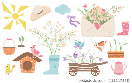 Spring elements set and gardening tools isolated on white background. Vector flat illustration 112217258