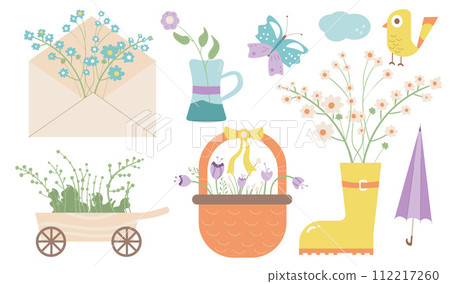 Bouquets with flowers in envelope rubber boots and basket. Spring elements set and gardening tools isolated on white background. Vector illustration 112217260
