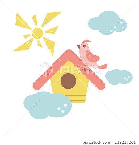Summer birdhouse. Spring elements set isolated on white background. Children hobby. Vector flat illustration 112217261