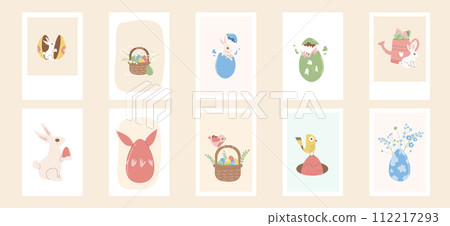 Happy Easter posters set templates. Rabbit with eggs, flowers vertical banners. Spring holiday greeting cards collection. Vector flat collection illustration Happy Easter posters set templates. Rabbit with eggs, flowers vertical banners. Spring holiday greeting cards collection. Vector flat collection illustration 112217293