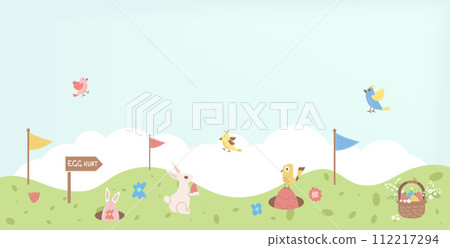 Easter egg hunt plan poster template. Map with rabbit and egg banner. Spring holiday greeting card. Vector illustration Easter egg hunt plan poster template. Map with rabbit and egg banner. Spring holiday greeting card. Vector illustration 112217294