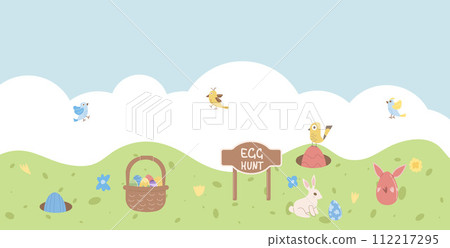 Easter egg hunt plan poster template. Map meadow with rabbit and egg banner. Spring holiday greeting card. Vector illustration Easter egg hunt plan poster template. Map meadow with rabbit and egg banner. Spring holiday greeting card. Vector illustration 112217295