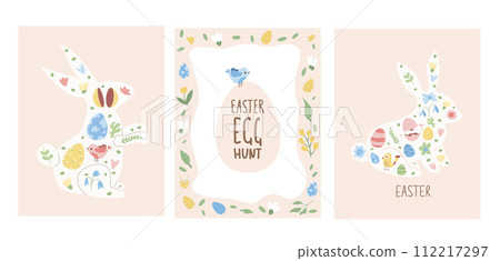 Easter egg hunt posters set templates. Rabbit silhouette with eggs and frame beige vertical banners. Spring holiday greeting cards collection. Vector flat illustration Easter egg hunt posters set templates. Rabbit silhouette with eggs and frame beige vertical banners. Spring holiday greeting cards collection. Vector flat illustration 112217297