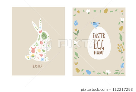 Easter egg hunt posters set templates. Rabbit with eggs beige vertical banners. Spring holiday greeting cards collection. Vector flat illustration Easter egg hunt posters set templates. Rabbit with eggs beige vertical banners. Spring holiday greeting cards collection. Vector flat illustration 112217298