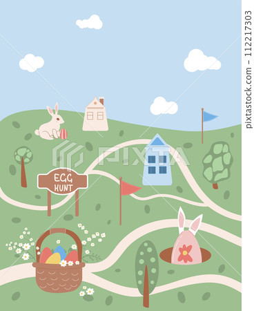 Easter egg hunt plan poster templates. Map with rabbit and egg vertical banner. Spring holiday greeting card. Vector illustration Easter egg hunt plan poster templates. Map with rabbit and egg vertical banner. Spring holiday greeting card. Vector illustration 112217303