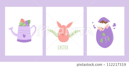 Easter posters template with decoration and text. Rabbit with eggs, flowers and watering can vertical banners. Spring holiday greeting cards collection. Vector flat set illustration Easter posters template with decoration and text. Rabbit with eggs, flowers and watering can vertical banners. Spring holiday greeting cards collection. Vector flat set illustration 112217319