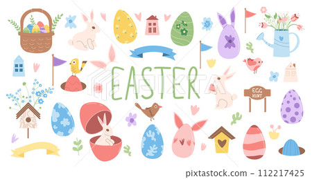 Easter egg hunt elements set. Spring holiday party collection. Eggs, basket and bunny with flowers item. Vector flat illustration. Easter egg hunt elements set. Spring holiday party collection. Eggs, basket and bunny with flowers item. Vector flat illustration. 112217425