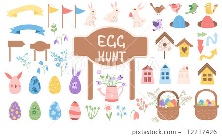 Easter eggs hunt event elements. Spring holiday party. Celebration with entertainment. Vector flat illustration Easter eggs hunt event elements. Spring holiday party. Celebration with entertainment. Vector flat illustration 112217426