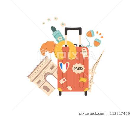 Travel France concept. Tourism to Paris elements isolated on white background. Suitcase and symbols of country. Trip to Europe weekend vacation. Vector flat illustration 112217469