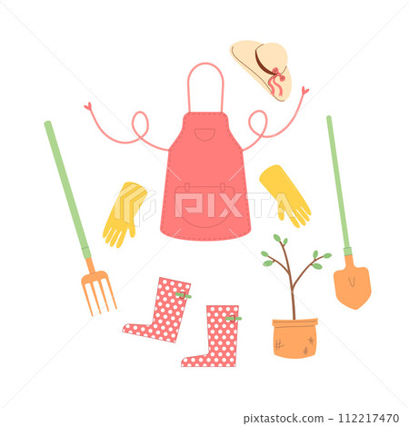 Growing gardening concept on white background. Spring horticulture equipment. Planting and work in backyard cover. Apron with gloves and rubber boots and tree sapling. Vector flat illustration 112217470