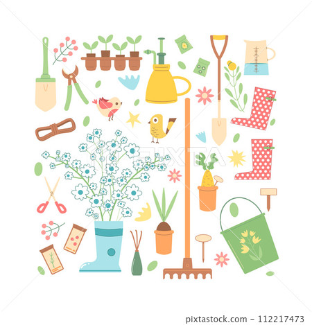 Gardening tools square banner set. Agriculture seasonal elements composition. Spring horticulture equipment. Planting and work in backyard. Seeds, shovel and sample watering can. Vector illustration 112217473