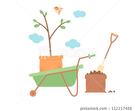 Growing trees. Gardening element isolated on white background. Spring horticulture equipment. Planting and work in backyard cover. Sapling in a wheelbarrow, shovel. Vector flat illustration Growing trees. Gardening element isolated on white background. Spring horticulture equipment. Planting and work in backyard cover. Sapling in a wheelbarrow, shovel. Vector flat illustration 112217488