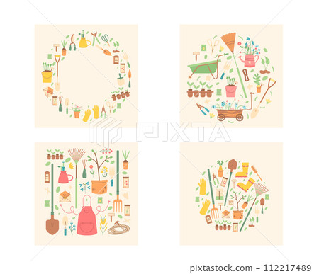 Gardening tools set of round and rectangle compositions. Agriculture round frame and square cards. Spring horticulture equipment. Seeds, shovel and sample, argon. Vector flat illustration Gardening tools set of round and rectangle compositions. Agriculture round frame and square cards. Spring horticulture equipment. Seeds, shovel and sample, argon. Vector flat illustration 112217489