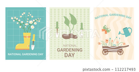 National gardening day background banners set. flowers, rubber boot, plant, watering can with text card poster. Templates for holiday design. Vector illustration National gardening day background banners set. flowers, rubber boot, plant, watering can with text card poster. Templates for holiday design. Vector illustration 112217493