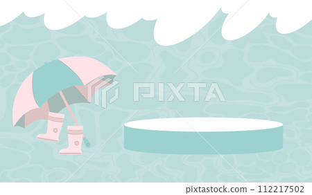 Monsoon season banner template. Platform for product advertising flyer offer. Umbrella and rubber bots on windy and rainy background. Vector flat illustration 112217502
