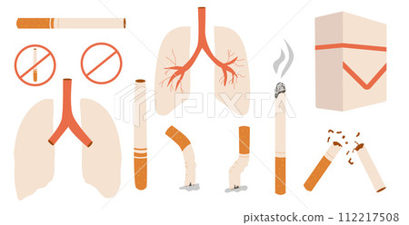 Stop smoking set elements isolated on white background. Cigarettes forbidden sign and lung. Stop smoking set elements isolated on white background. Cigarettes forbidden sign and lung. 112217508