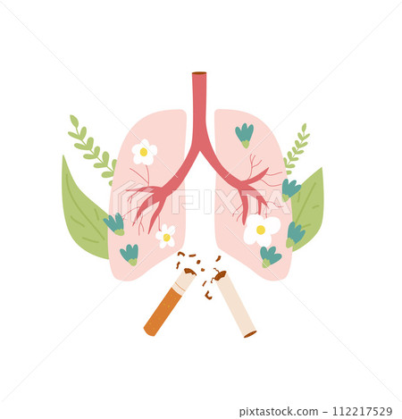 Stop smoking card. National non smoking week. World no tobacco day. Cigarette and lung with flowers. 112217529