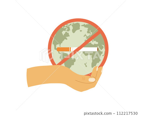 World no tobacco day symbol. Stop smoking element. Cigarette, planet Earth forbidden sign in hand World no tobacco day symbol. Stop smoking element. Cigarette, planet Earth forbidden sign in hand 112217530