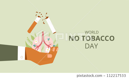 World no tobacco day banner. Stop smoking card. Cigarette, planet Earth and forbidden sign in hand World no tobacco day banner. Stop smoking card. Cigarette, planet Earth and forbidden sign in hand 112217533