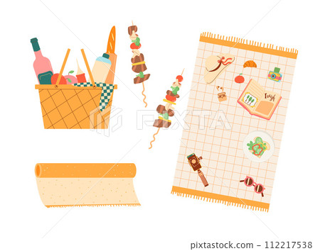 Bbq picnic set. Spring grill basket, blanket and wine elements isolated on white background. Summer cookout day meal in park or backyard. Vector flat illustration Bbq picnic set. Spring grill basket, blanket and wine elements isolated on white background. Summer cookout day meal in park or backyard. Vector flat illustration 112217538