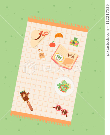 Picnic day in park banner template. Spring outing weekends rest elements background. Cookout summer food in air. Vector flat illustration Picnic day in park banner template. Spring outing weekends rest elements background. Cookout summer food in air. Vector flat illustration 112217539