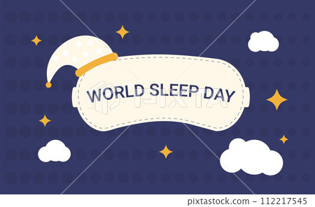 World sleep day horizontal banner. Sleeping mask with text card poster. Template for holiday design. Vector illustration 112217545