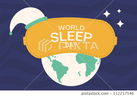 World sleep day horizontal banner. Earth with sleeping mask card. Retro poster. Template for holiday design with glop map. Vector illustration World sleep day horizontal banner. Earth with sleeping mask card. Retro poster. Template for holiday design with glop map. Vector illustration 112217546