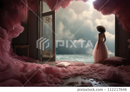 A girl in a pink dress looks out of the window. Hyper realistic illustration 112217646