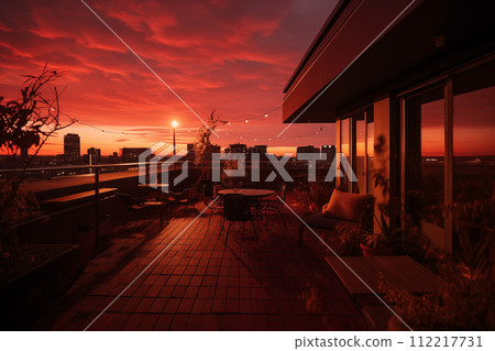 Sunset on the terrace of a restaurant in the city. 112217731
