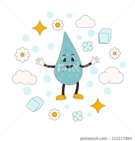 Water drop cartoon mascot round emblem. Drink rubber hose animation style groovy smiling character circle shape Drink more water. Ecologic and wellness vector flat illustration on white background Water drop cartoon mascot round emblem. Drink rubber hose animation style groovy smiling character circle shape Drink more water. Ecologic and wellness vector flat illustration on white background 112217964