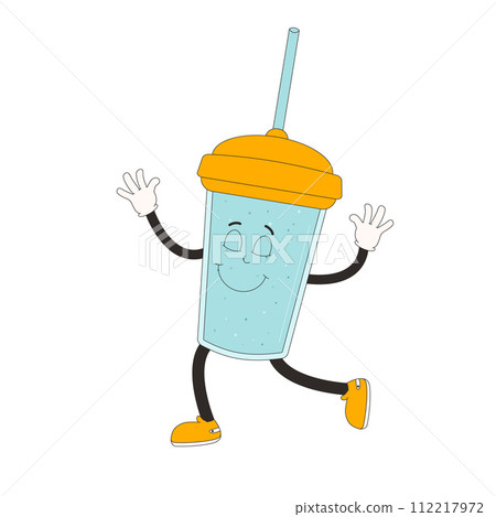 Glass of water retro cartoon mascots. Drink rubber hose animation style groovy characters. Ecologic, healthy life and wellness vector flat illustration isolated on white background 112217972