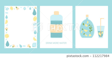 Drink more water card set. Soft sparkling beverages banner and frame collection. Stay hydrated. Plastic free, glass only. Vector flat illustration 112217984